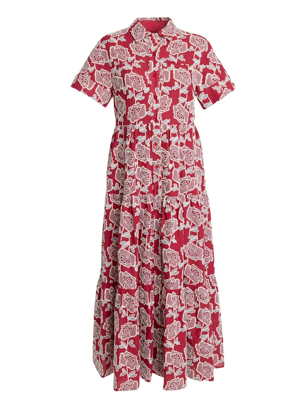 Embroidered Cotton Tiered Midi Shirtdress