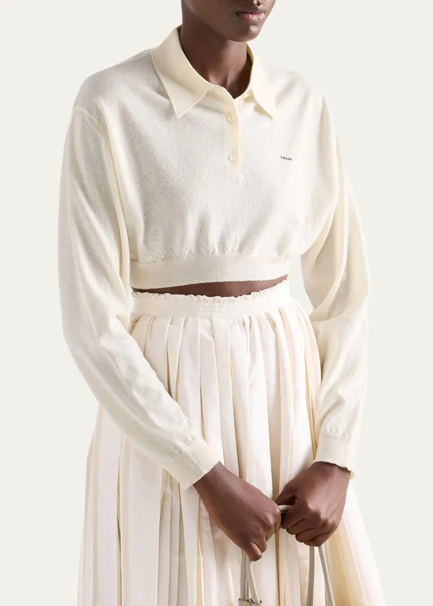 Prada Cashmere Long-Sleeve Cropped Polo Sweater | Thumbnail 4