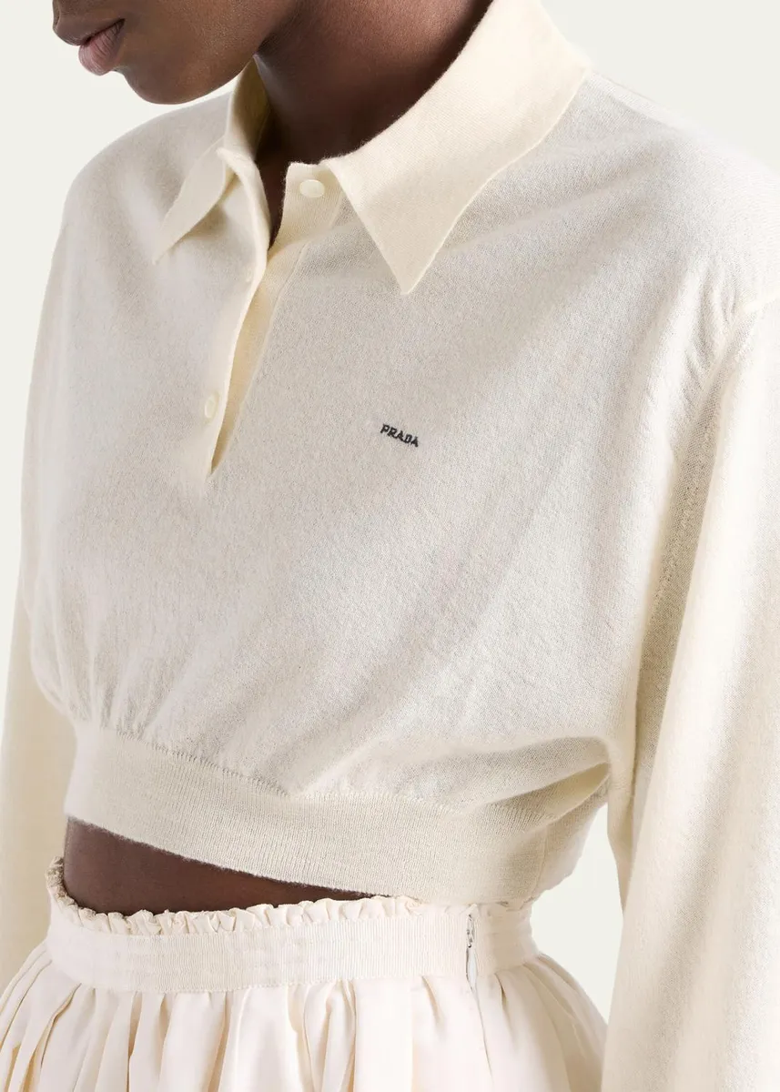 Prada Cashmere Long-Sleeve Cropped Polo Sweater | Thumbnail 5