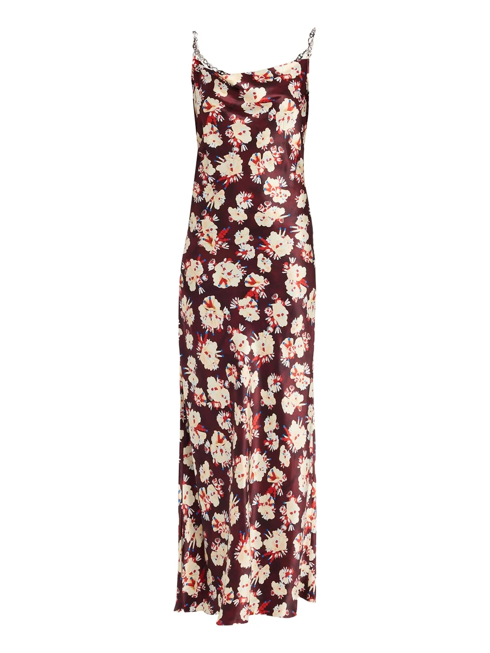 Chain Cowl-Neck Floral Satin Maxi Slip Dress
