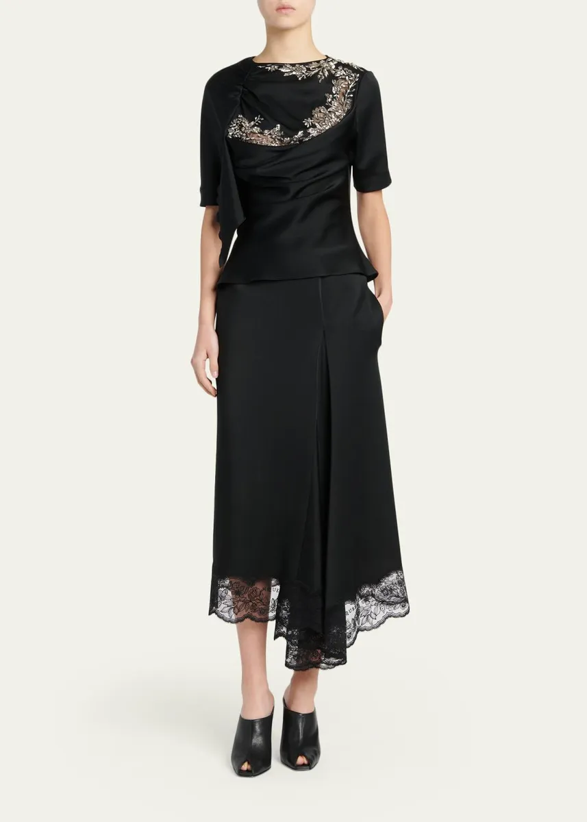 Alexander McQueen Asymmetric Lace-Trim Satin Midi Skirt | Thumbnail 2 Alexander McQueen Asymmetric Lace-Trim Satin Midi Skirt | Thumbnail 2