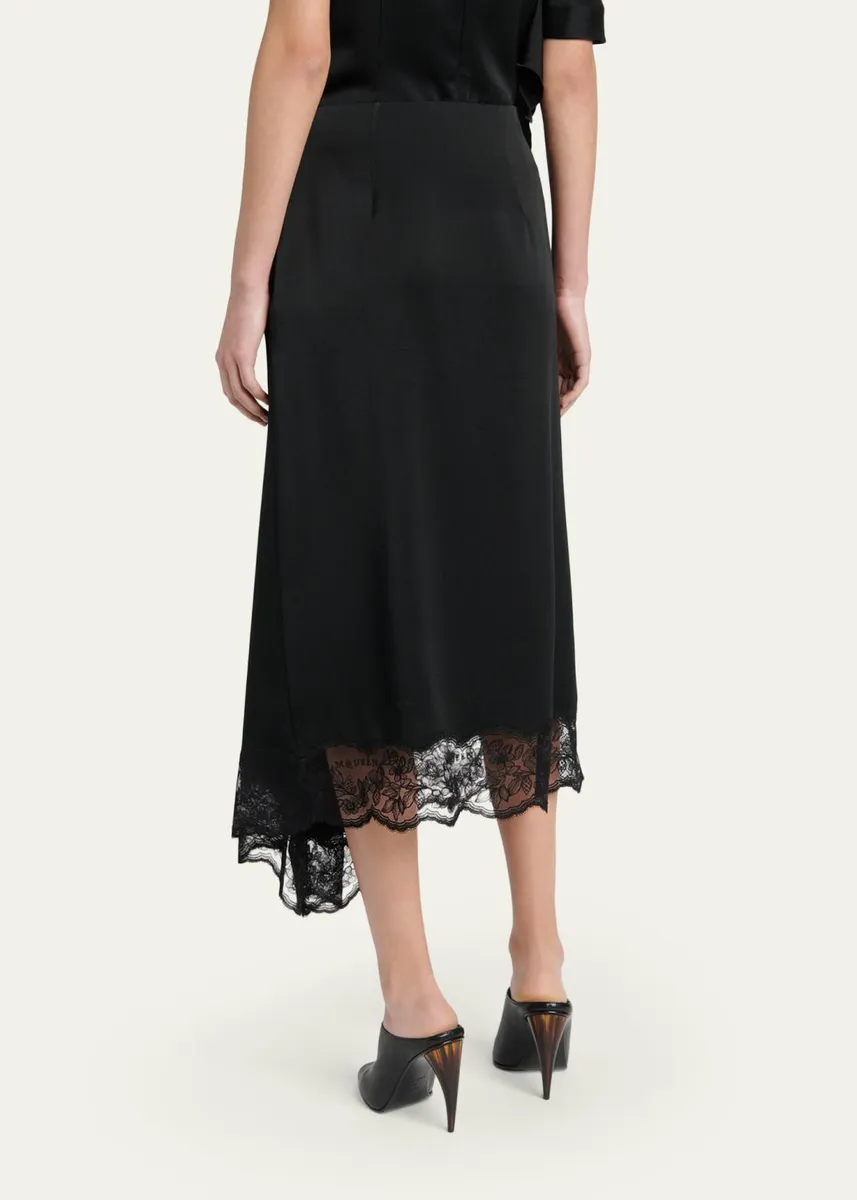 Alexander McQueen Asymmetric Lace-Trim Satin Midi Skirt | Thumbnail 3 Alexander McQueen Asymmetric Lace-Trim Satin Midi Skirt | Thumbnail 3