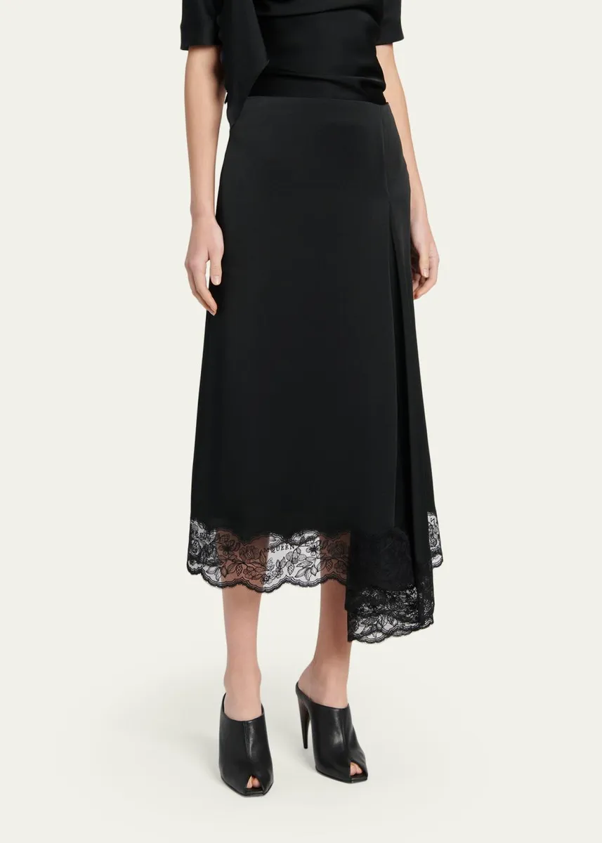 Alexander McQueen Asymmetric Lace-Trim Satin Midi Skirt | Thumbnail 4 Alexander McQueen Asymmetric Lace-Trim Satin Midi Skirt | Thumbnail 4