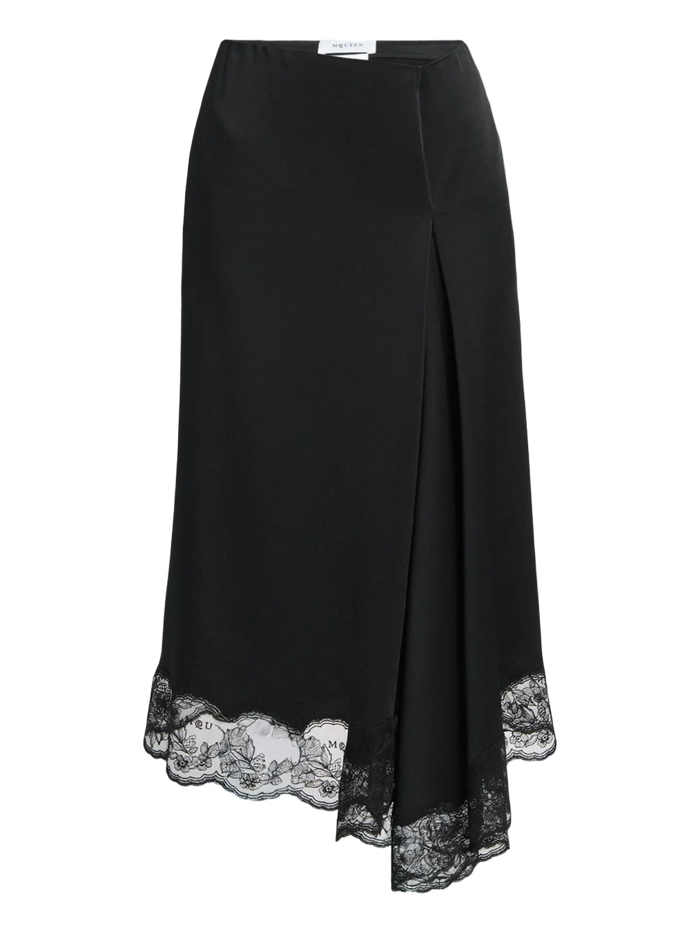 Alexander McQueen Asymmetric Lace-Trim Satin Midi Skirt