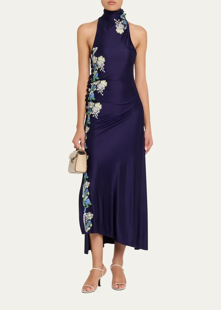 Rabanne Floral Embroidered Snap Draped Jersey Midi Dress | Thumbnail 2 Rabanne Floral Embroidered Snap Draped Jersey Midi Dress | Thumbnail 2