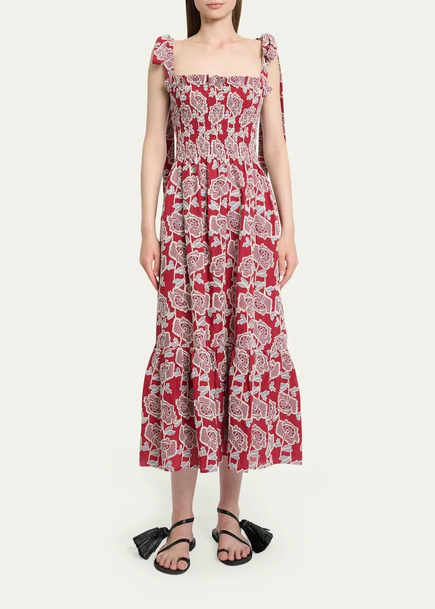 Erdem Floral Embroidered Cotton Smocked Sleeveless Midi Dress | Thumbnail 2 Erdem Floral Embroidered Cotton Smocked Sleeveless Midi Dress | Thumbnail 2