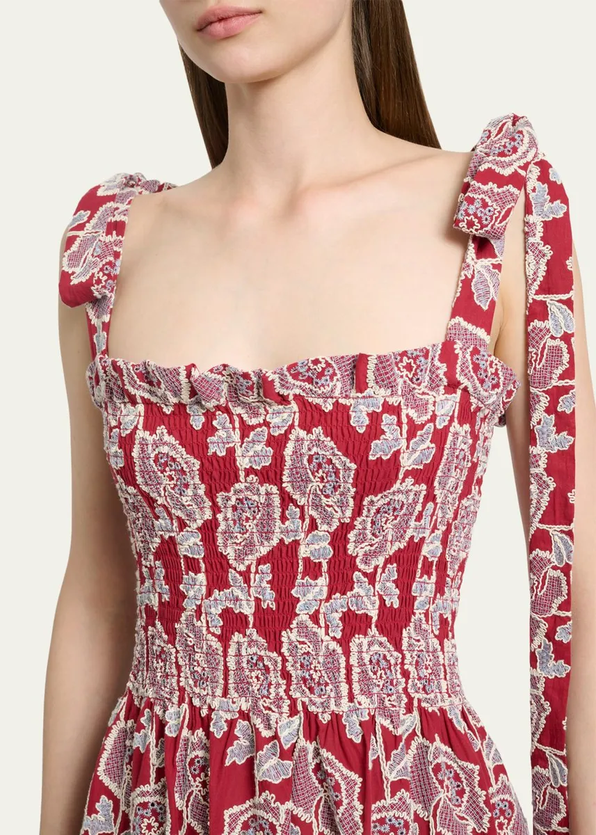 Erdem Floral Embroidered Cotton Smocked Sleeveless Midi Dress | Thumbnail 5 Erdem Floral Embroidered Cotton Smocked Sleeveless Midi Dress | Thumbnail 5