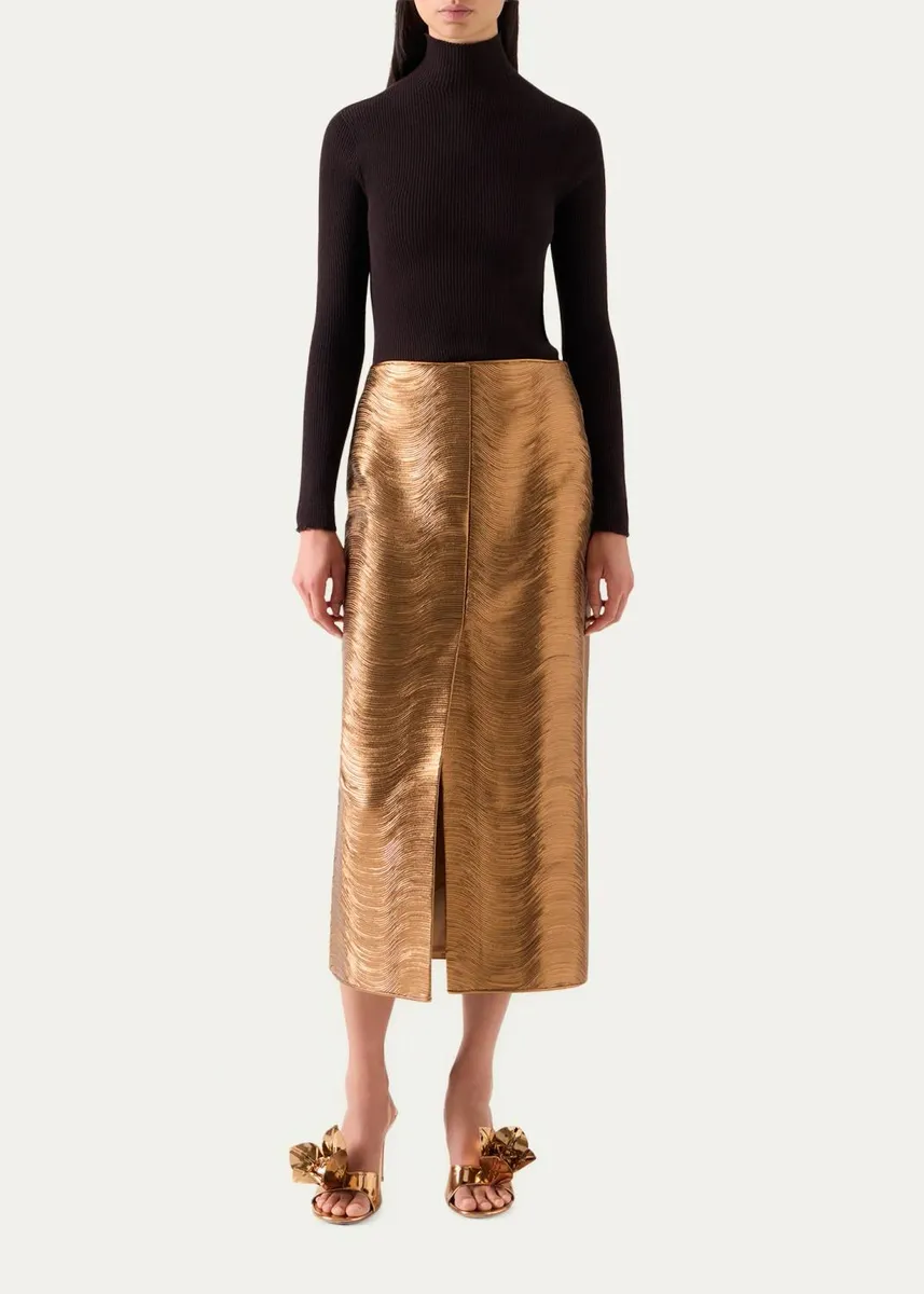 Akris Embroidered Lame Nappa Leather Midi Pencil Skirt | Thumbnail 2 Akris Embroidered Lame Nappa Leather Midi Pencil Skirt | Thumbnail 2