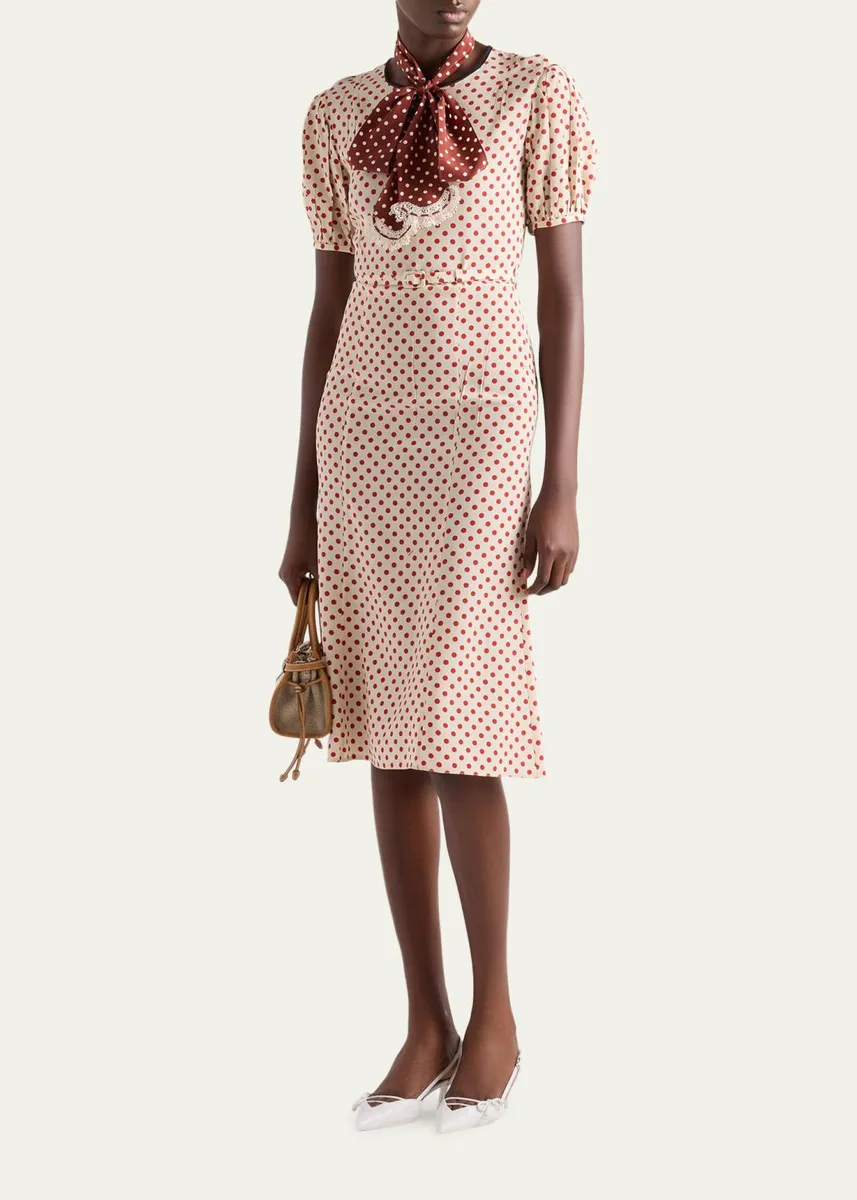 Prada Polka-Dot Silk Puff-Sleeve Midi Dress | Thumbnail 2
