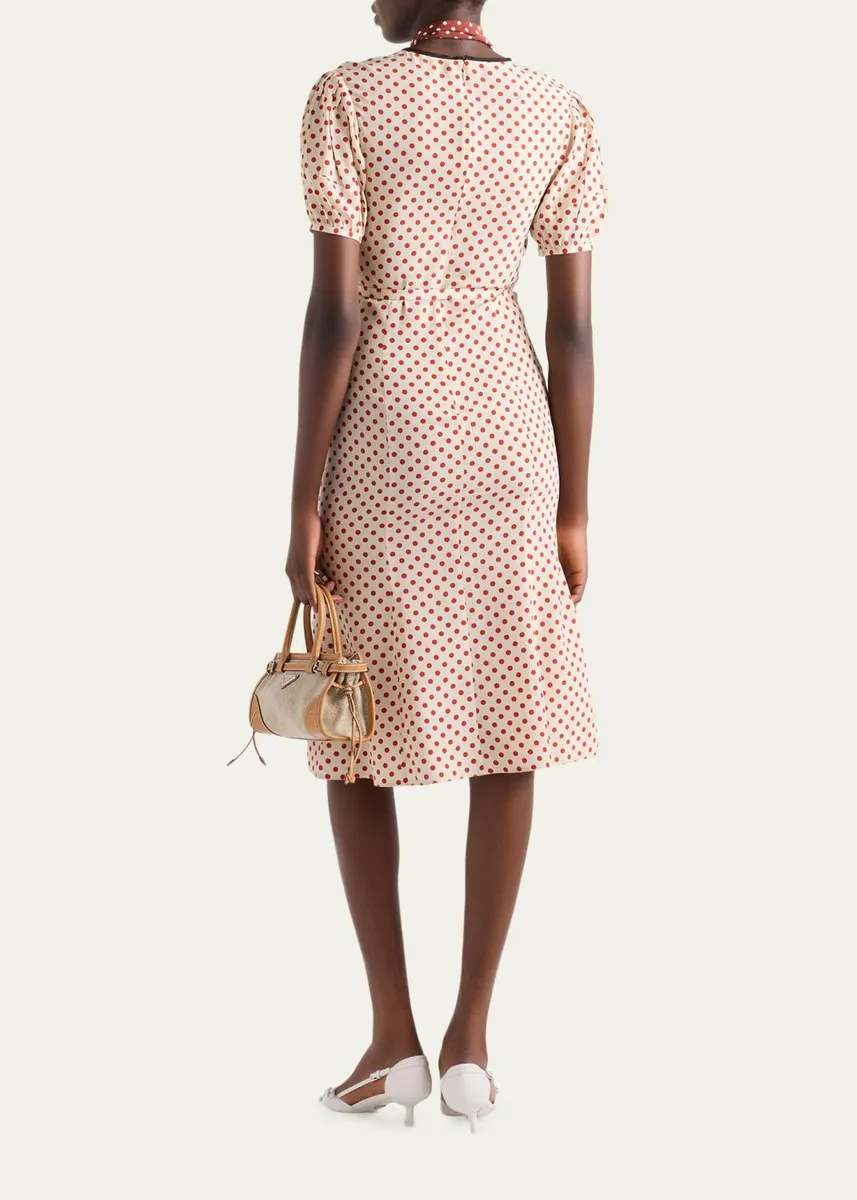 Prada Polka-Dot Silk Puff-Sleeve Midi Dress | Thumbnail 3