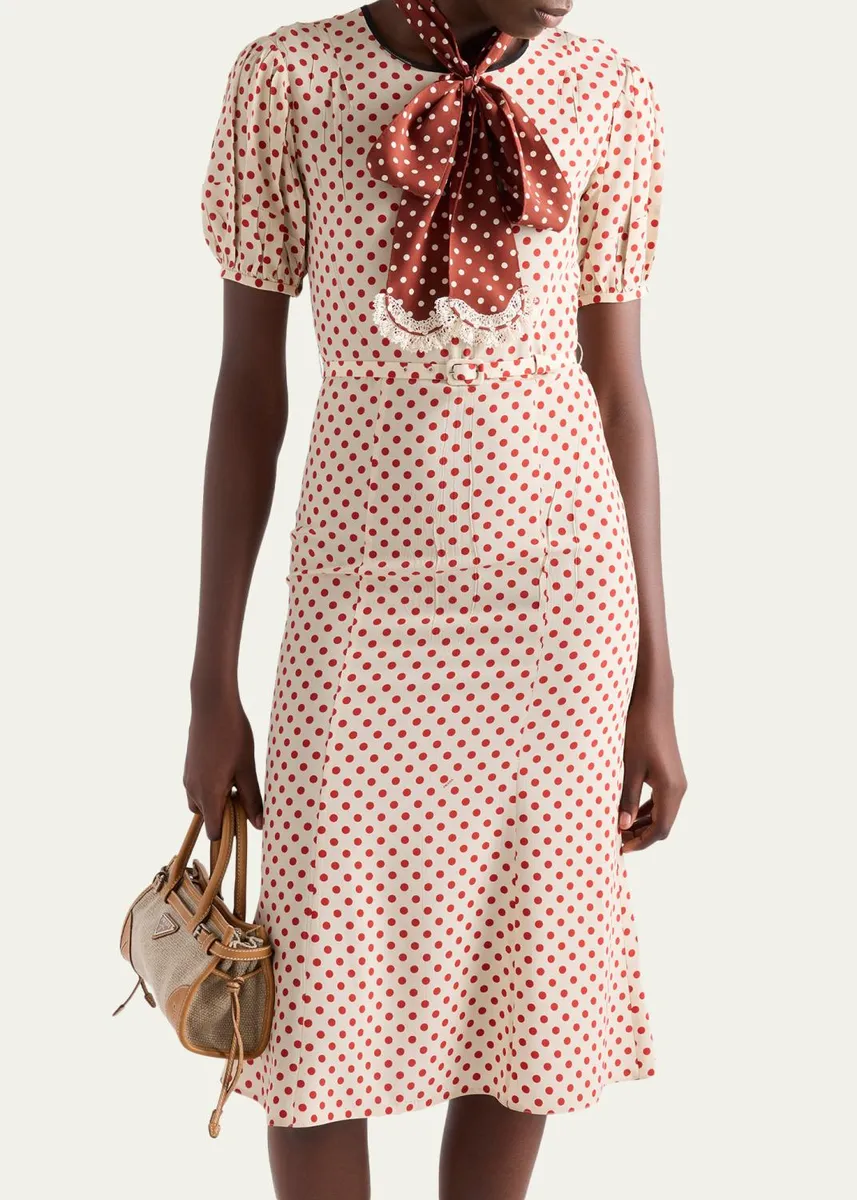 Prada Polka-Dot Silk Puff-Sleeve Midi Dress | Thumbnail 4