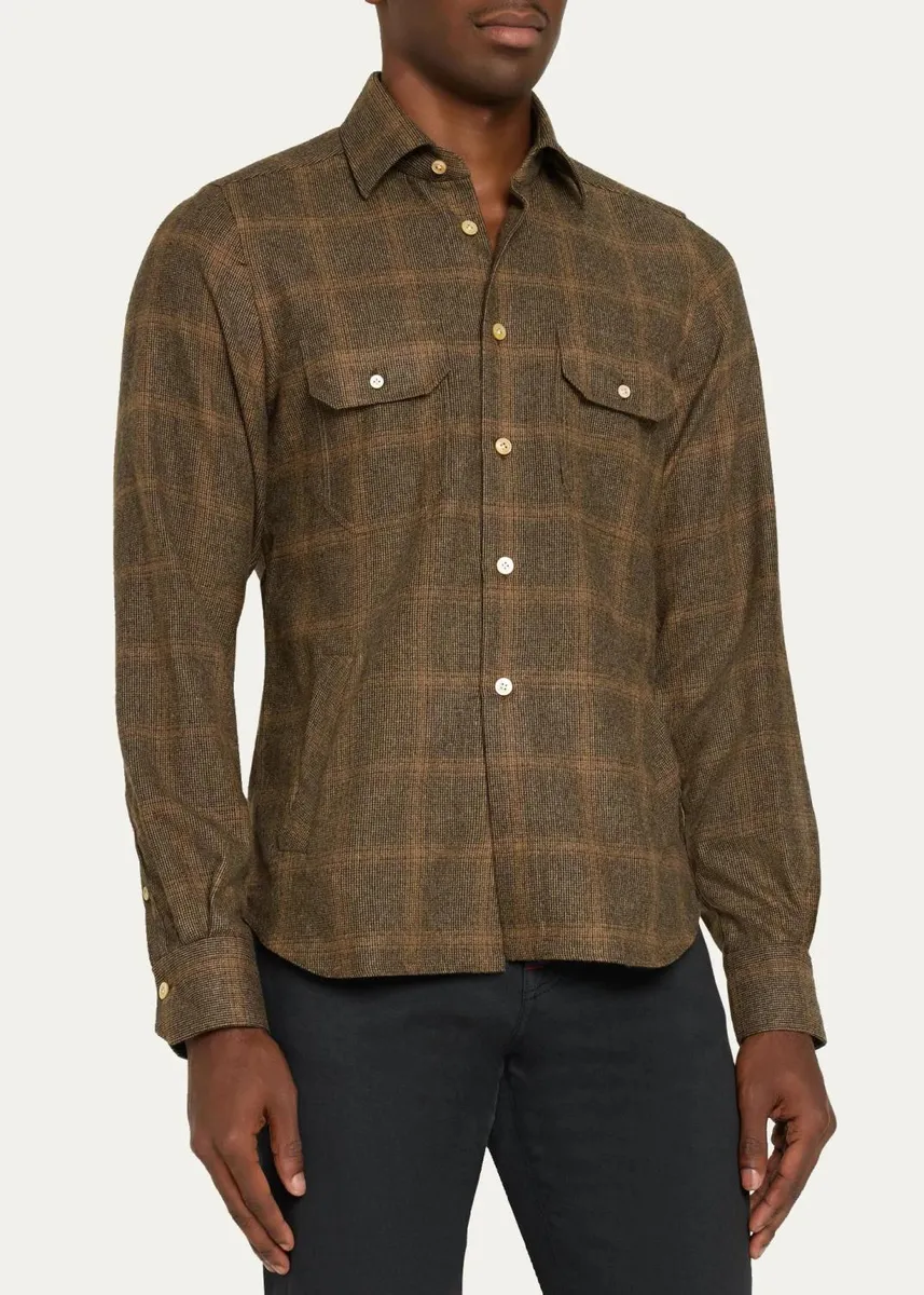 Kiton Men's Cashmere and Wool Plaid Button-Front Shirt | Thumbnail 4 Kiton Men's Cashmere and Wool Plaid Button-Front Shirt | Thumbnail 4