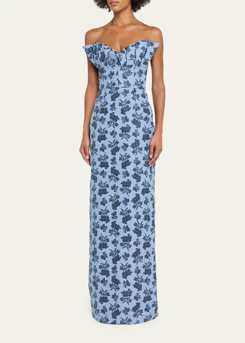 Markarian Rita Strapless Pleated Ruffle Bouquet Jacquard Column Gown | Thumbnail 4