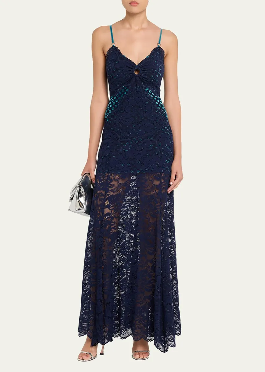 Rabanne Long Lace V-Neck Sleeveless Dress | Thumbnail 2 Rabanne Long Lace V-Neck Sleeveless Dress | Thumbnail 2