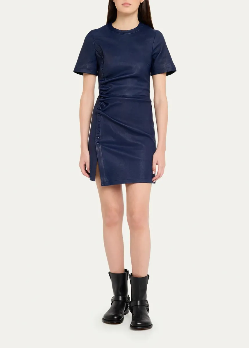 Rabanne Ruched Leather Short-Sleeve Mini Dress | Thumbnail 2 Rabanne Ruched Leather Short-Sleeve Mini Dress | Thumbnail 2