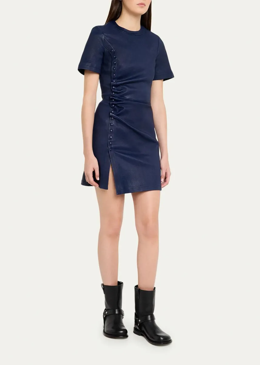Rabanne Ruched Leather Short-Sleeve Mini Dress | Thumbnail 4 Rabanne Ruched Leather Short-Sleeve Mini Dress | Thumbnail 4