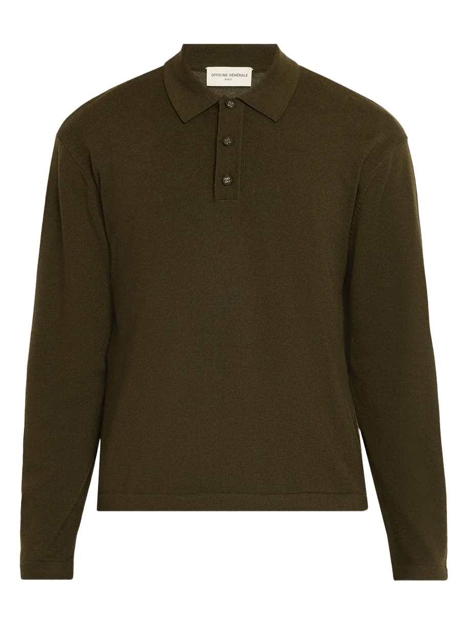 OFFICINE GÉNÉRALE Men's Merino Wool Long-Sleeve Polo Shirt