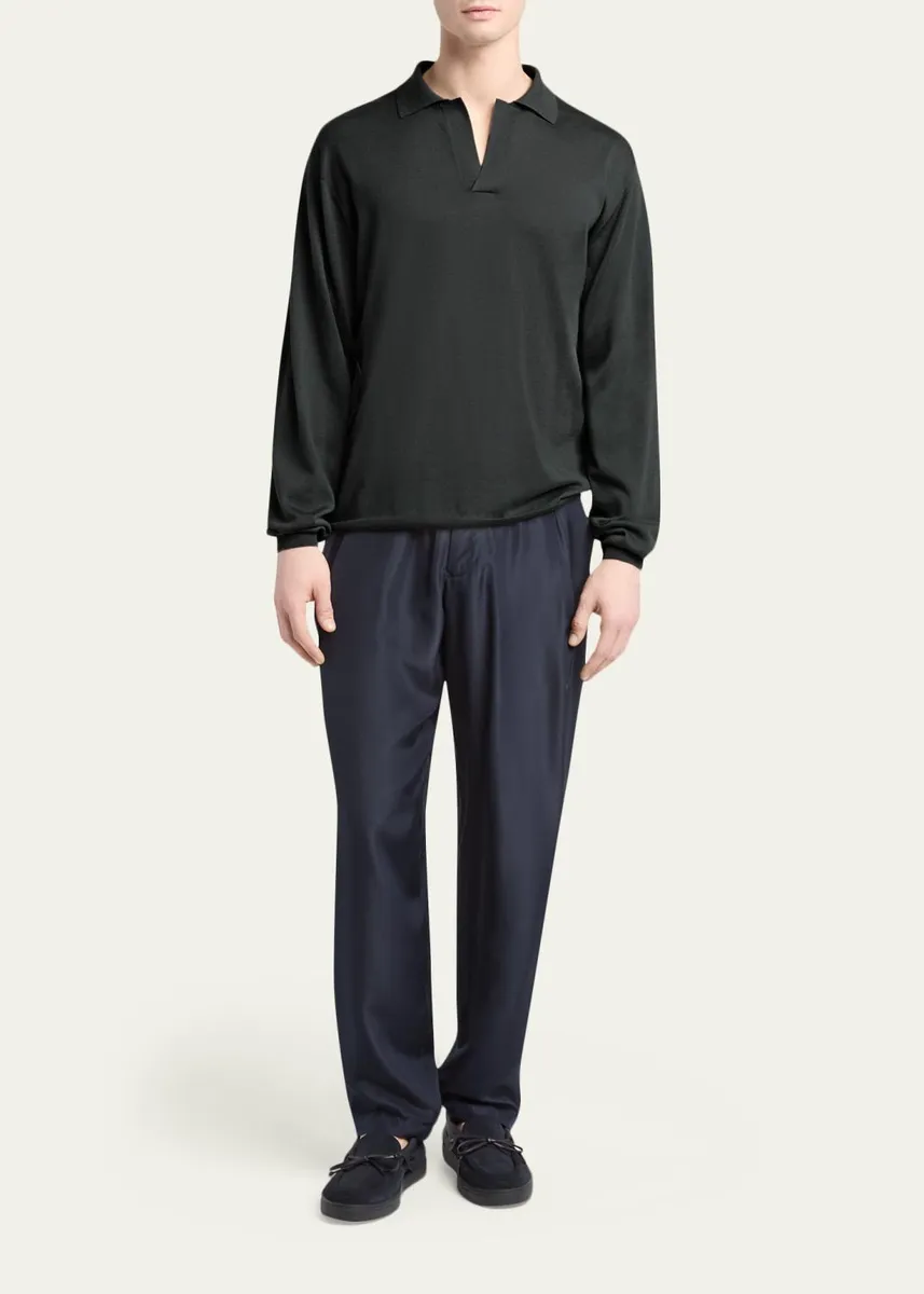 Giorgio Armani Men's Silk and Cotton Knit Johnny Collar Polo Sweater | Thumbnail 2 Giorgio Armani Men's Silk and Cotton Knit Johnny Collar Polo Sweater | Thumbnail 2