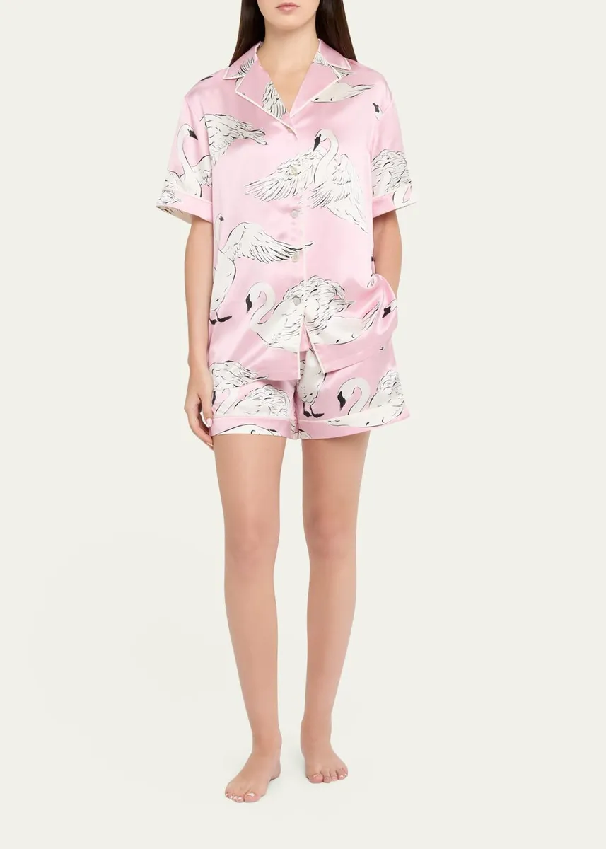 Olivia von Halle Ingo Selene Swan-Print Silk Satin Pajama Set | Thumbnail 2 Olivia von Halle Ingo Selene Swan-Print Silk Satin Pajama Set | Thumbnail 2