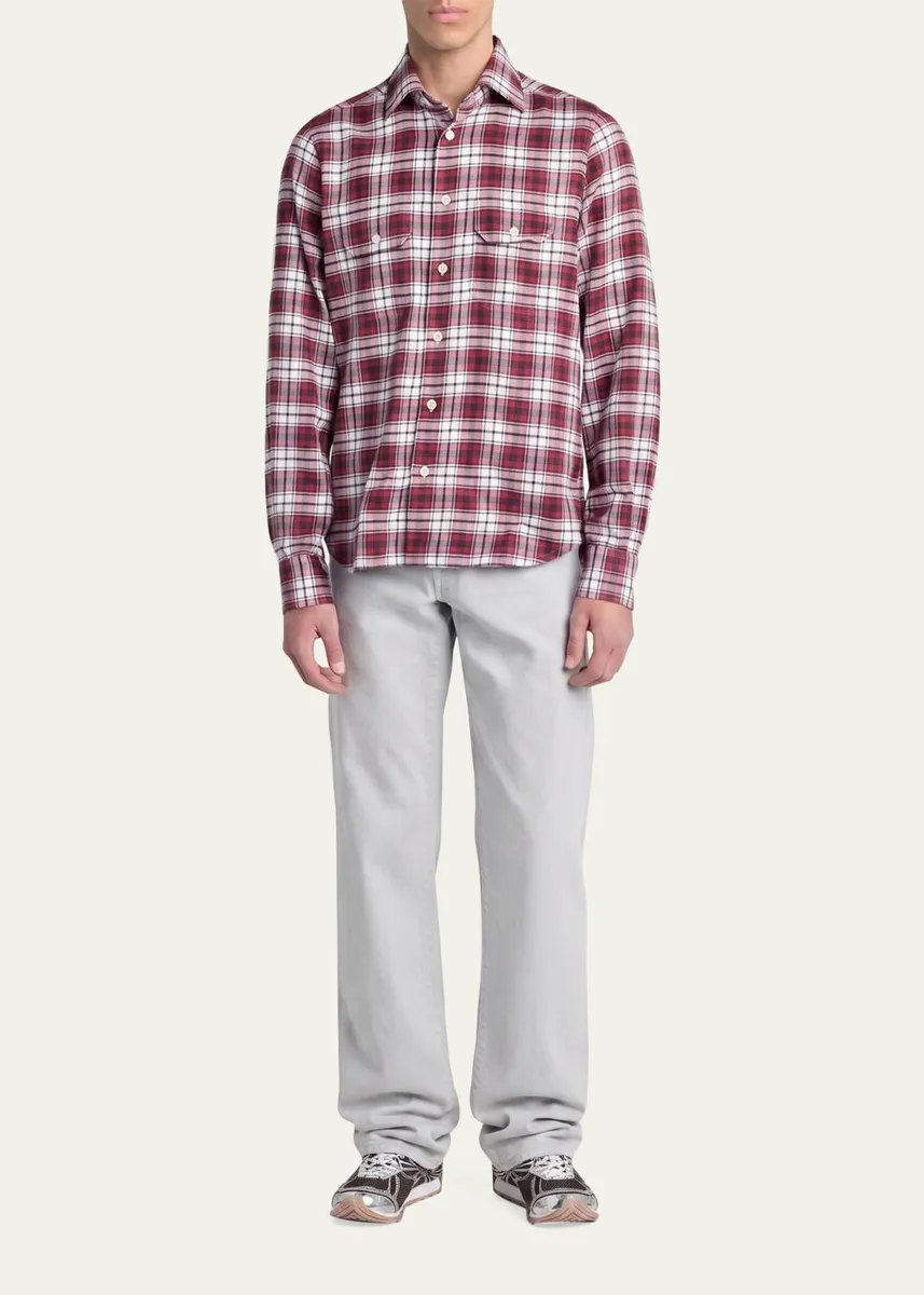 Kiton Men's Cotton and Cashmere Plaid Double-Pocket Button-Down Shirt | Thumbnail 2 Kiton Men's Cotton and Cashmere Plaid Double-Pocket Button-Down Shirt | Thumbnail 2