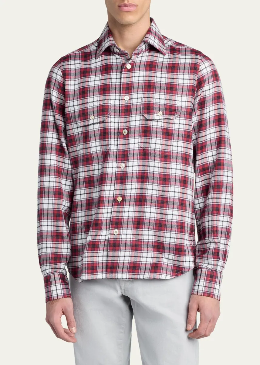 Kiton Men's Cotton and Cashmere Plaid Double-Pocket Button-Down Shirt | Thumbnail 4 Kiton Men's Cotton and Cashmere Plaid Double-Pocket Button-Down Shirt | Thumbnail 4