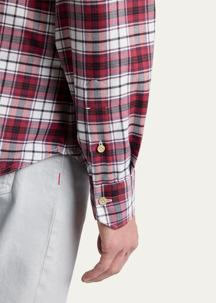 Kiton Men's Cotton and Cashmere Plaid Double-Pocket Button-Down Shirt | Thumbnail 5 Kiton Men's Cotton and Cashmere Plaid Double-Pocket Button-Down Shirt | Thumbnail 5