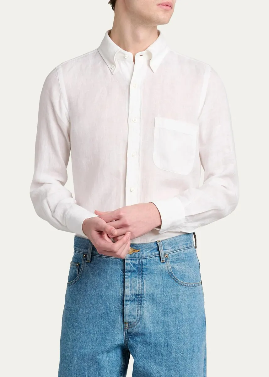 Thom Browne Men's Linen Garment Dyed Button-Down Shirt | Thumbnail 4 Thom Browne Men's Linen Garment Dyed Button-Down Shirt | Thumbnail 4
