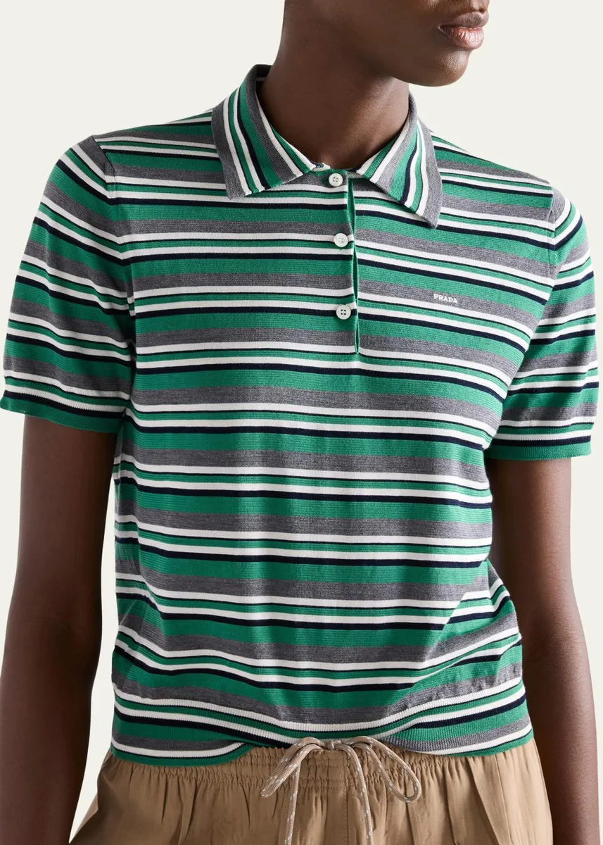 Prada Striped Silk-Cotton Short-Sleeve Polo Shirt | Thumbnail 4 Prada Striped Silk-Cotton Short-Sleeve Polo Shirt | Thumbnail 4