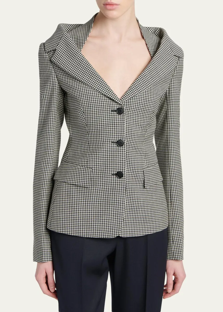 Alexander McQueen Gingham Off-The-Shoulder Single-Breasted Jacket | Thumbnail 4 Alexander McQueen Gingham Off-The-Shoulder Single-Breasted Jacket | Thumbnail 4