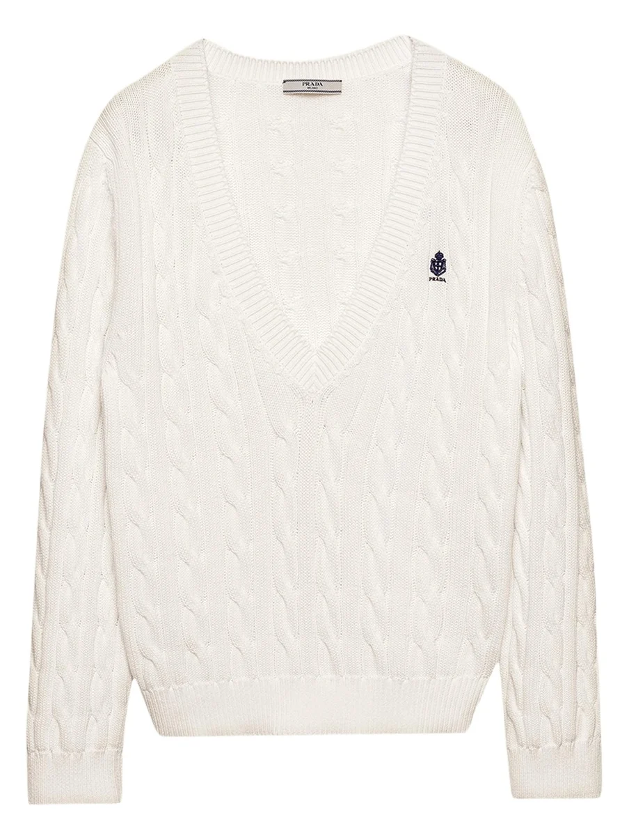 Prada Cable-Knit V-Neck Cotton Sweater