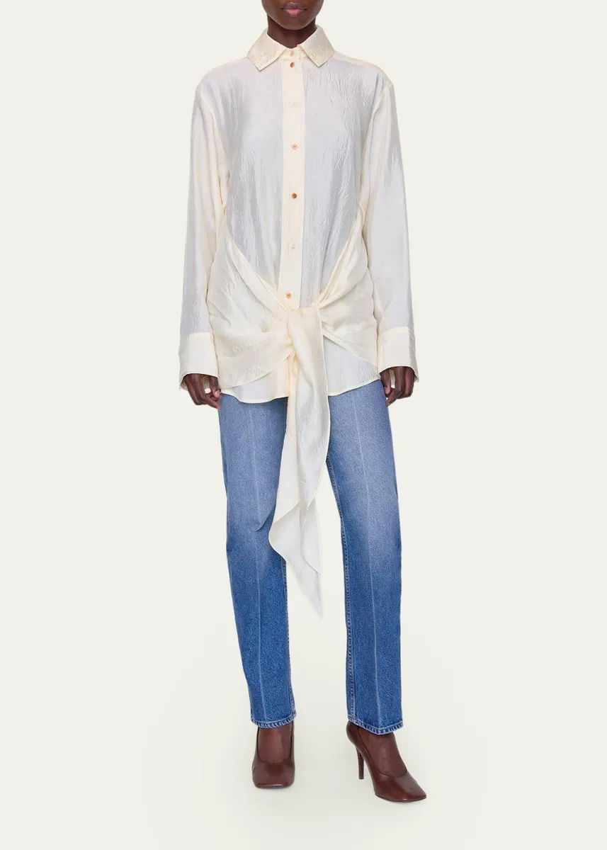 OSSOU Arroya Tie-Front Crinkled Satin Shirt | Thumbnail 2