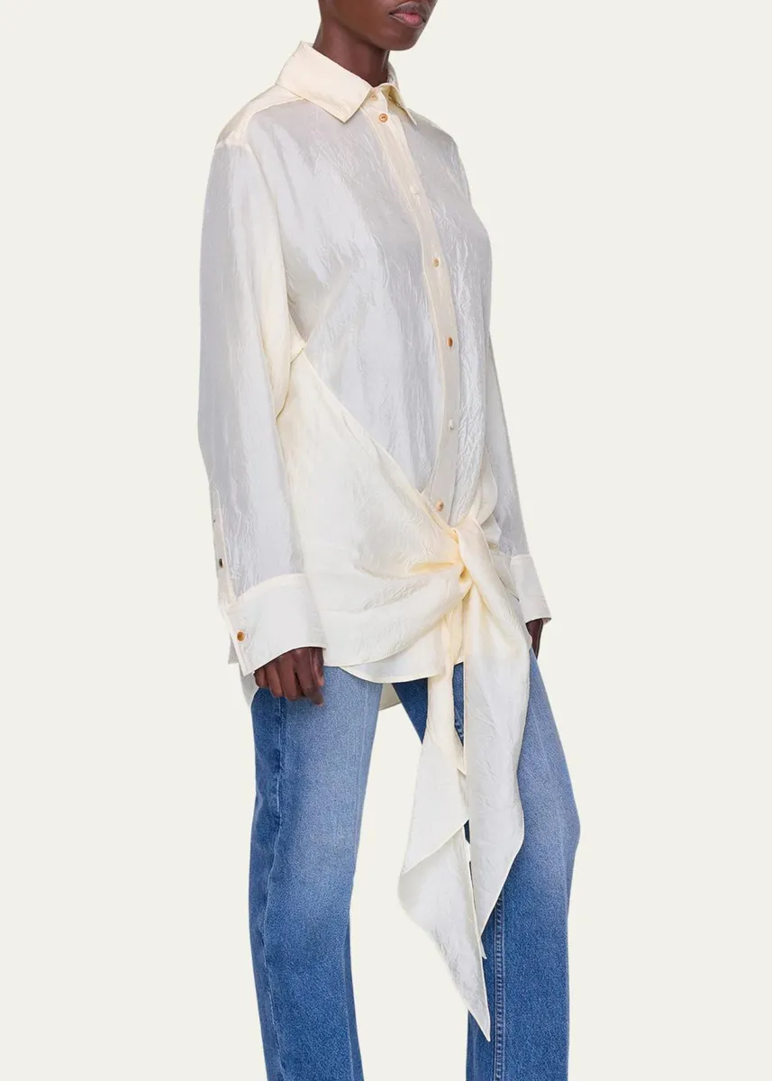 OSSOU Arroya Tie-Front Crinkled Satin Shirt | Thumbnail 4