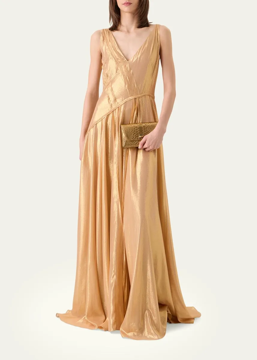 Akris Sleeveless Asymmetric Paneled Lamé Silk Gown | Thumbnail 4 Akris Sleeveless Asymmetric Paneled Lamé Silk Gown | Thumbnail 4
