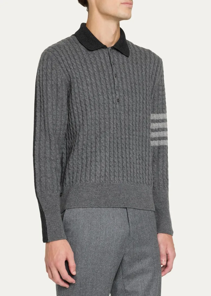 Thom Browne Men's Wool 4-Bar Cable Polo Sweater | Thumbnail 4