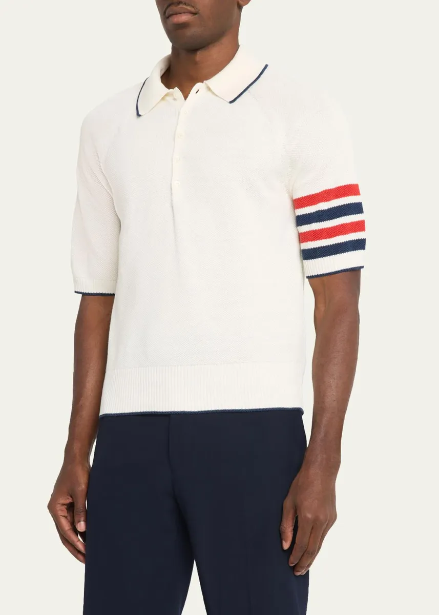 Thom Browne Men's Linen and Cotton Knit 4-Bar Sleeve Polo Shirt | Thumbnail 4 Thom Browne Men's Linen and Cotton Knit 4-Bar Sleeve Polo Shirt | Thumbnail 4