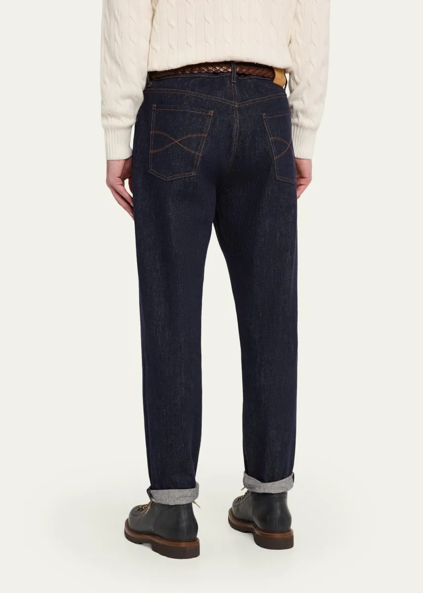 Brunello Cucinelli Men's Rinsed Dark-Wash Denim Straight-Leg Jeans | Thumbnail 3