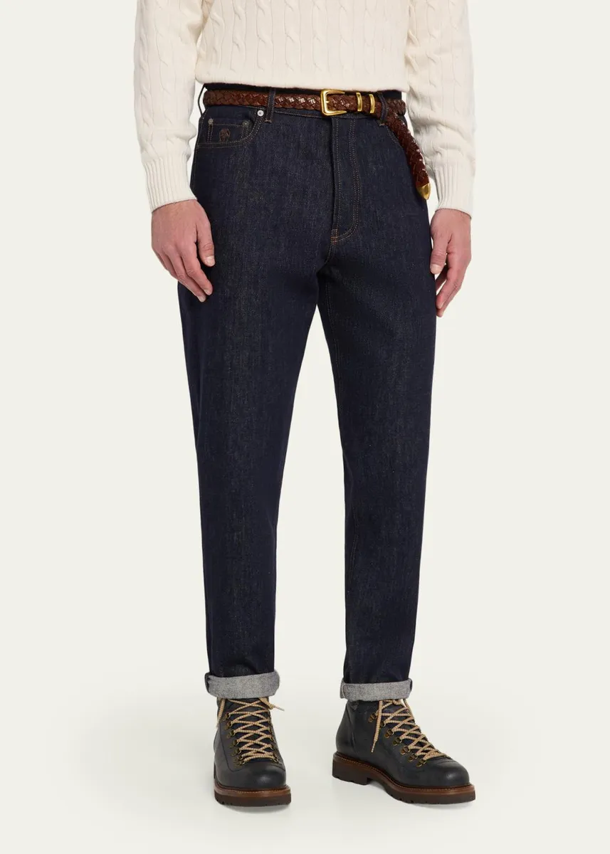Brunello Cucinelli Men's Rinsed Dark-Wash Denim Straight-Leg Jeans | Thumbnail 4