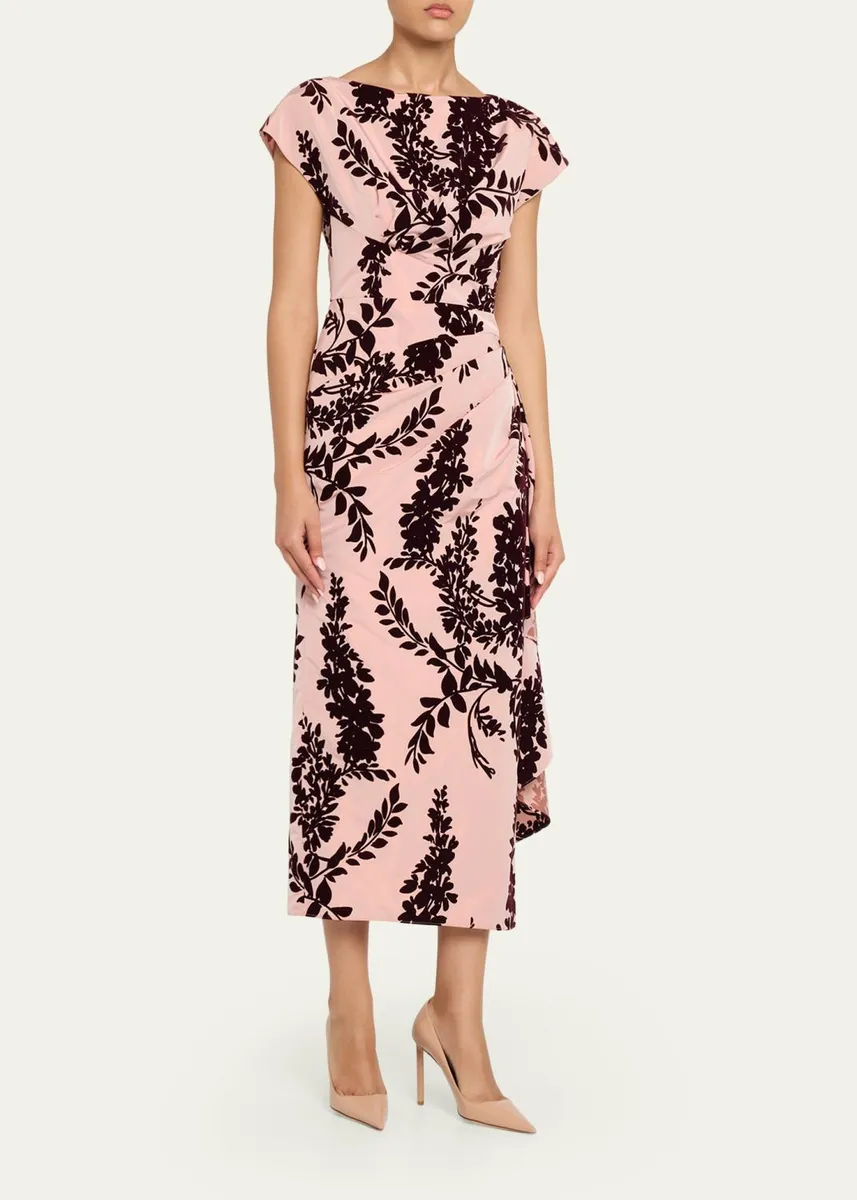 Lela Rose Flocked Taffeta Pleated Drape Midi Dress | Thumbnail 4 Lela Rose Flocked Taffeta Pleated Drape Midi Dress | Thumbnail 4