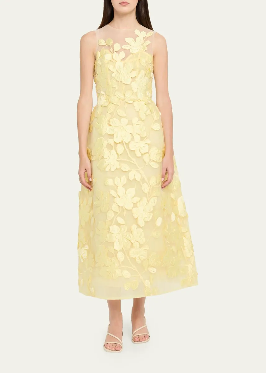 MONIQUE LHUILLIER Sleeveless Floral Tulle Illusion Tea-Length Dress | Thumbnail 2