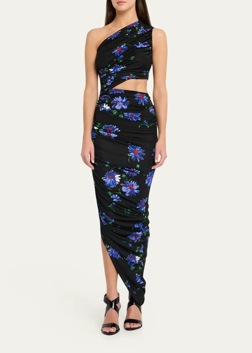 ALAÏA Ruched Floral Jersey Cutout Asymmetric Midi Dress | Thumbnail 2