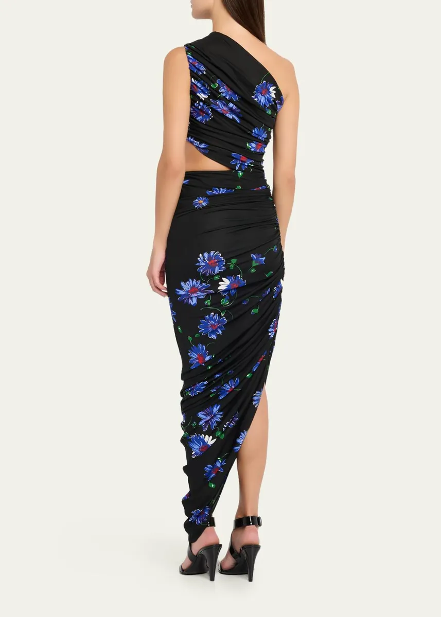 ALAÏA Ruched Floral Jersey Cutout Asymmetric Midi Dress | Thumbnail 3