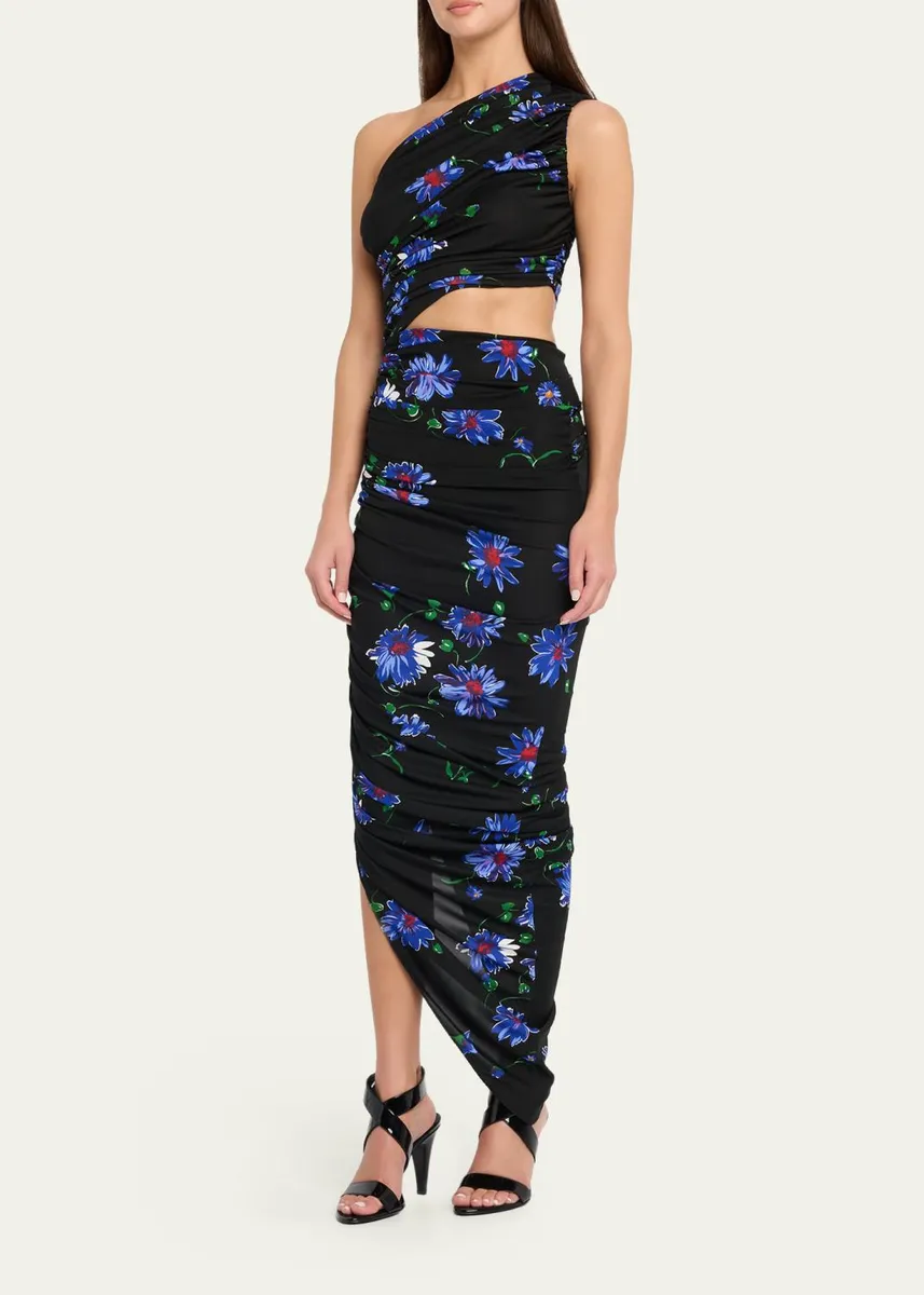 ALAÏA Ruched Floral Jersey Cutout Asymmetric Midi Dress | Thumbnail 4