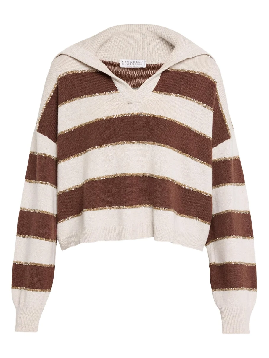 Brunello Cucinelli Paillette Striped Cashmere Sailor Sweater