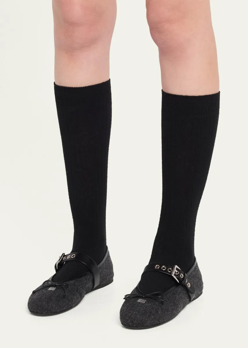 Miu Miu Flannel Leather-Strap Ballerina Flats | Thumbnail 2 Miu Miu Flannel Leather-Strap Ballerina Flats | Thumbnail 2