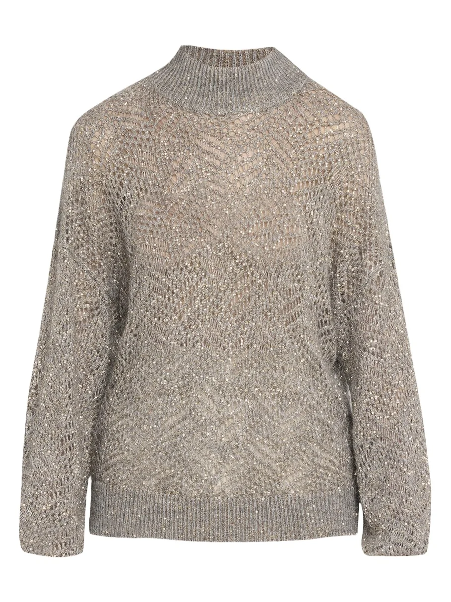 Brunello Cucinelli Airy Shimmer Open-Knit Mock Neck Sweater