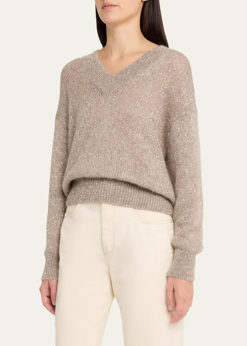 Brunello Cucinelli Winter Glow Paillette Mohair V-Neck Sweater | Thumbnail 4