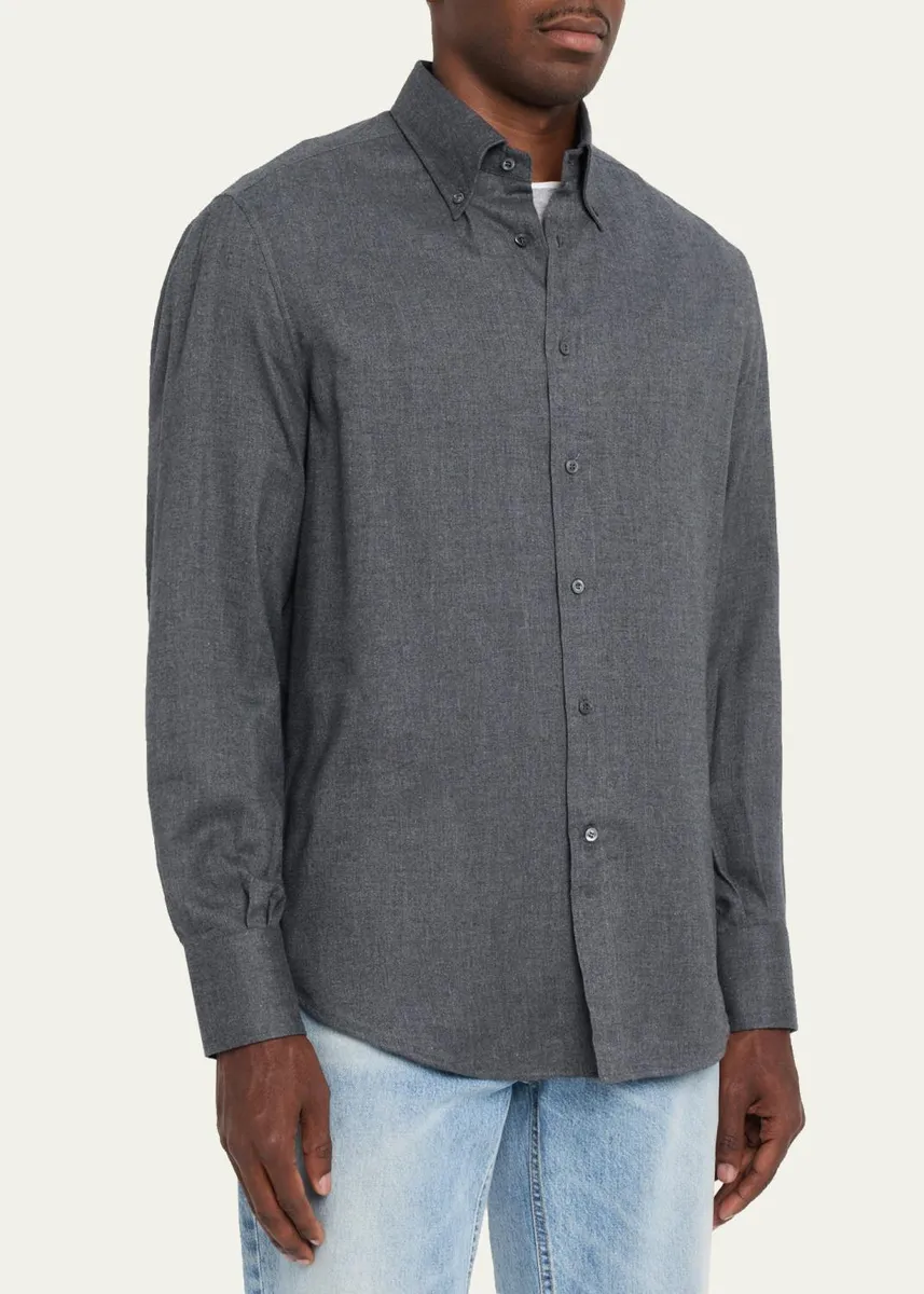 Brunello Cucinelli Men's Flannel Chevron Button-Down Shirt | Thumbnail 4 Brunello Cucinelli Men's Flannel Chevron Button-Down Shirt | Thumbnail 4
