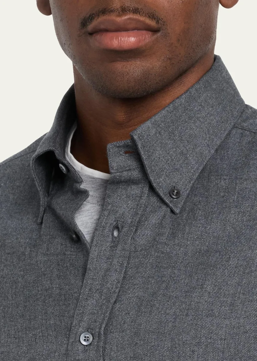 Brunello Cucinelli Men's Flannel Chevron Button-Down Shirt | Thumbnail 5 Brunello Cucinelli Men's Flannel Chevron Button-Down Shirt | Thumbnail 5