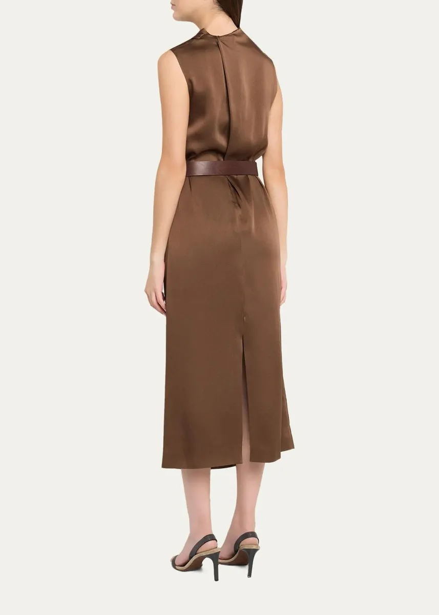Brunello Cucinelli Cowl-Neck Fluid Satin Cady Sleeveless Belted Midi Dress | Thumbnail 3 Brunello Cucinelli Cowl-Neck Fluid Satin Cady Sleeveless Belted Midi Dress | Thumbnail 3