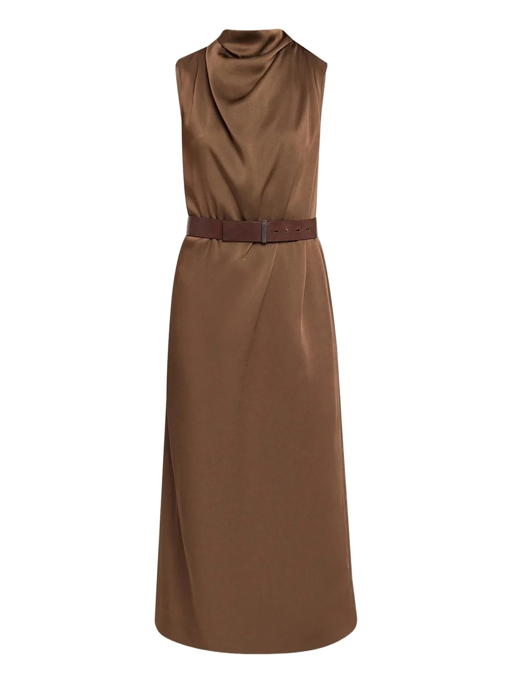 Brunello Cucinelli Cowl-Neck Fluid Satin Cady Sleeveless Belted Midi Dress